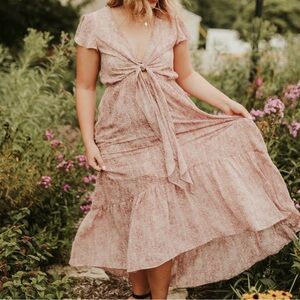 Elegant Pink and White Tie-Front Dress